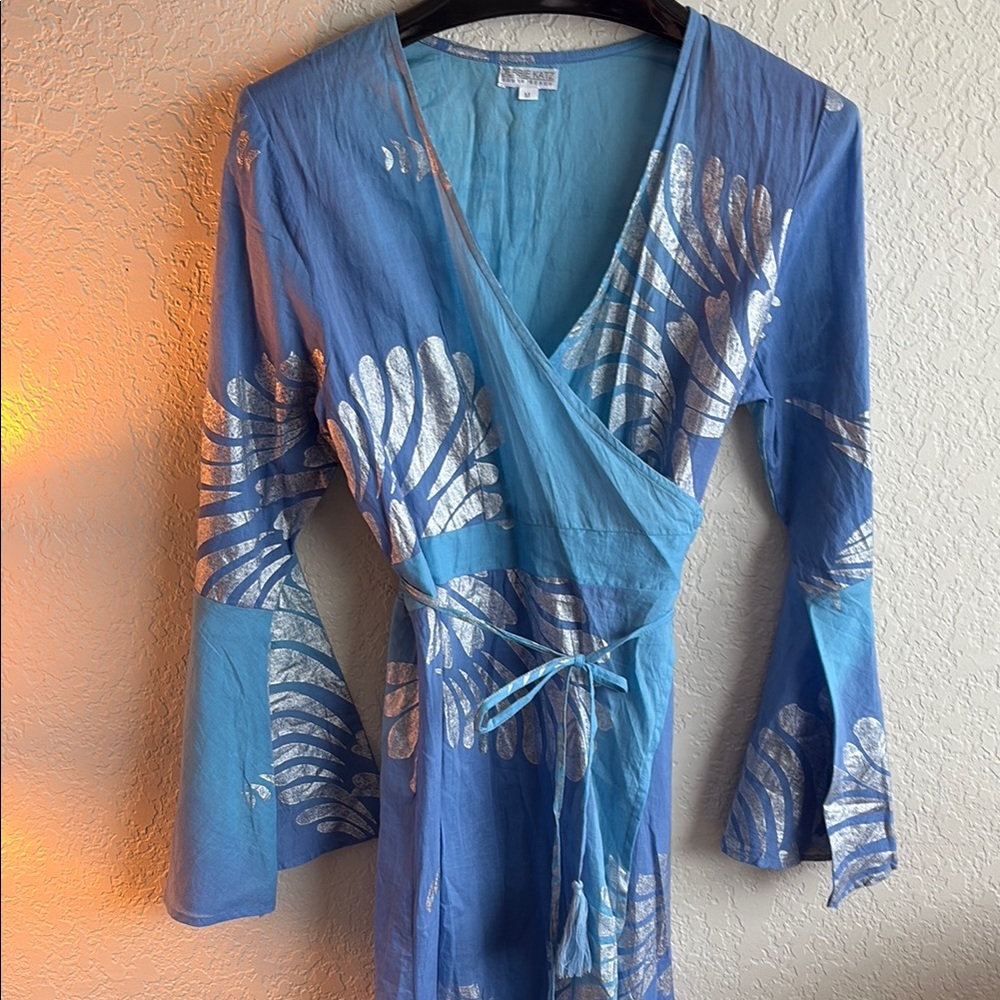 Blue Wrap Dress with Silver Leaf Pattern